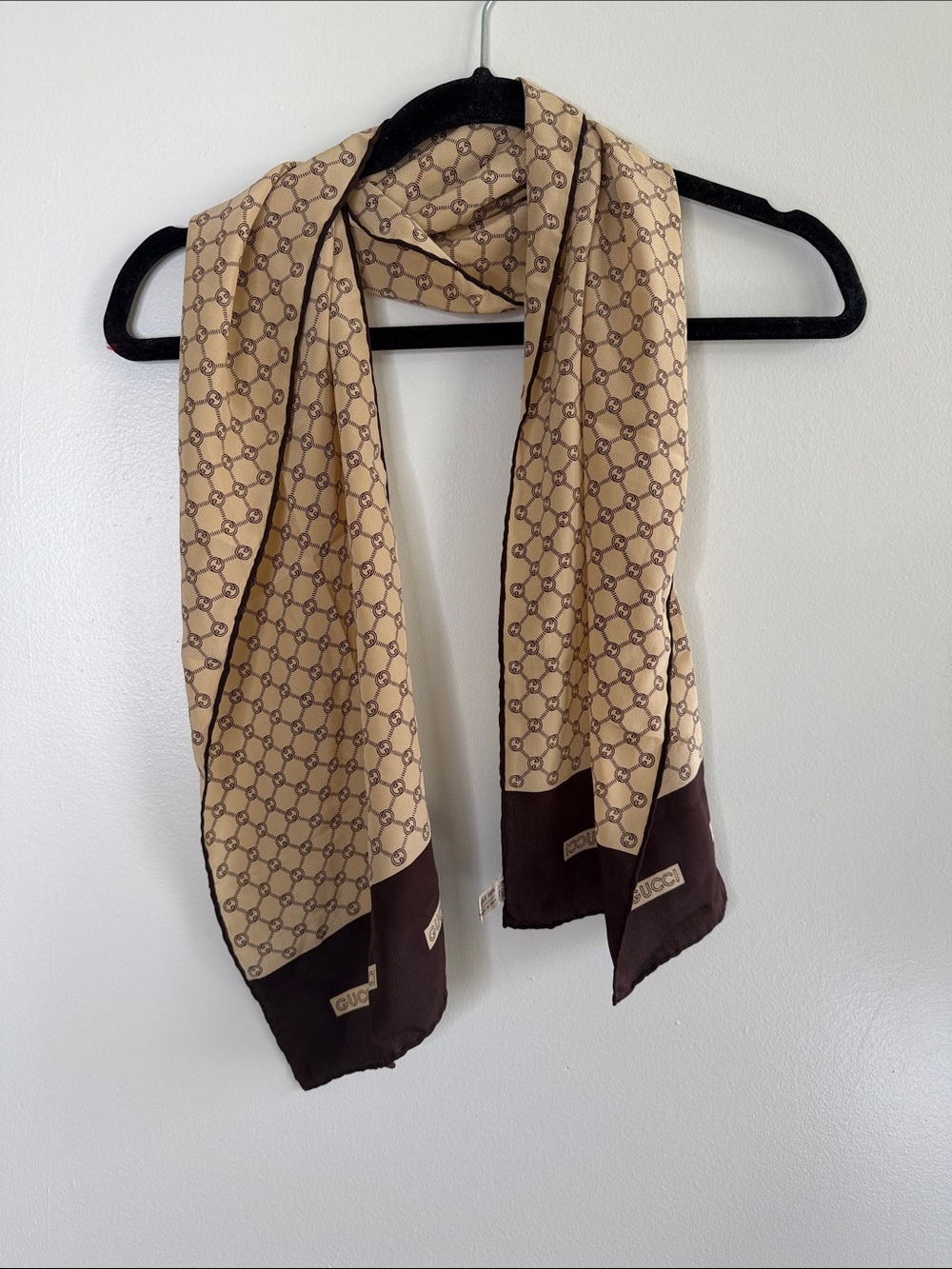 Vintage Gucci Beige and Brown GG 100% Silk Scarf 1973